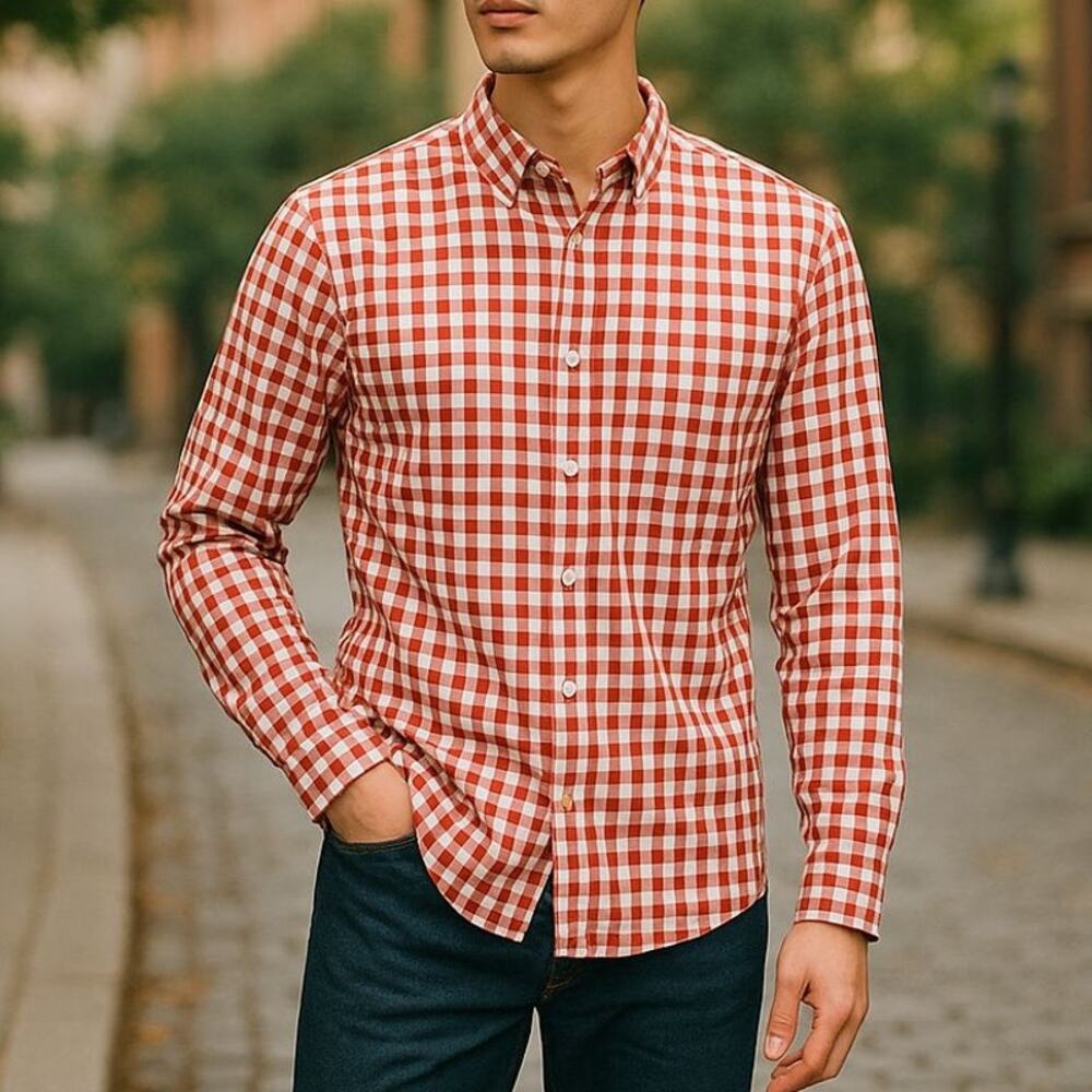 J Crew Flex Washed Rust & White Gingham Checked Slim Fit Button-Down Shirt XL